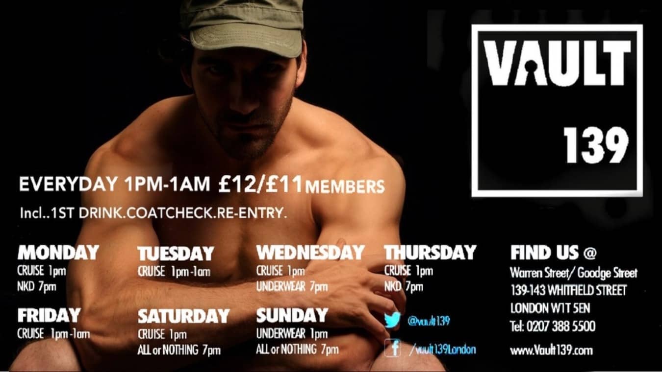 What's on at Vault 139, a gay cruise bar in London.