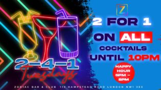 Happy Hour 2 for 1 cocktail at gay Zodiac Bar
