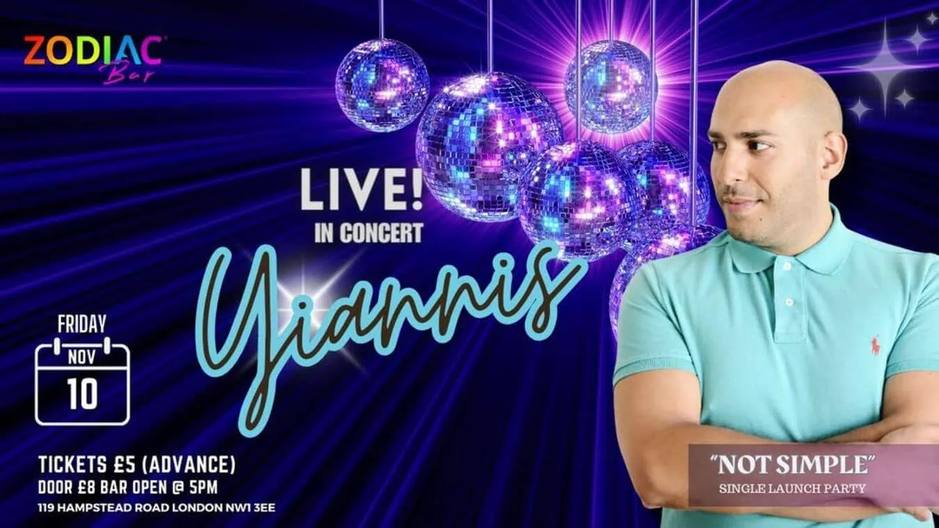 Yiannis in concert event at Zodiac gay bar in North London.