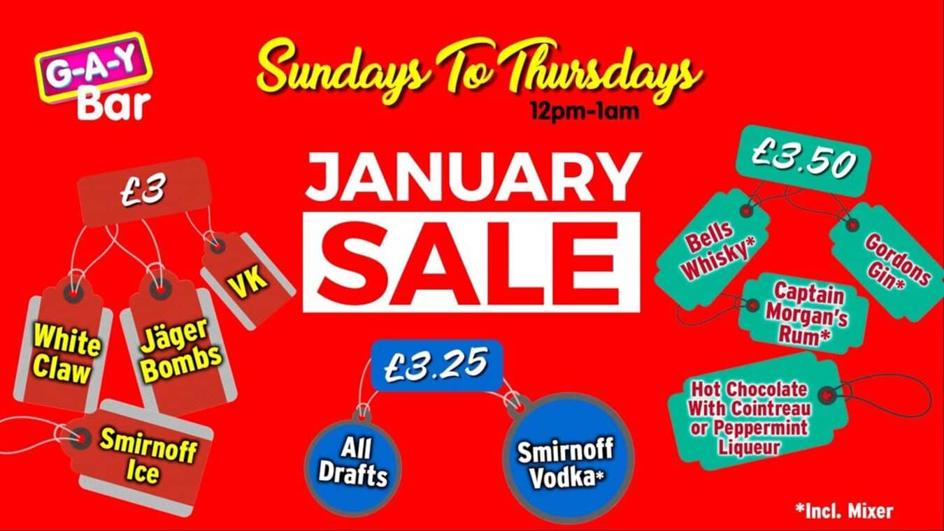 G-A-Y Bar Happy Hour throughout January 2024.