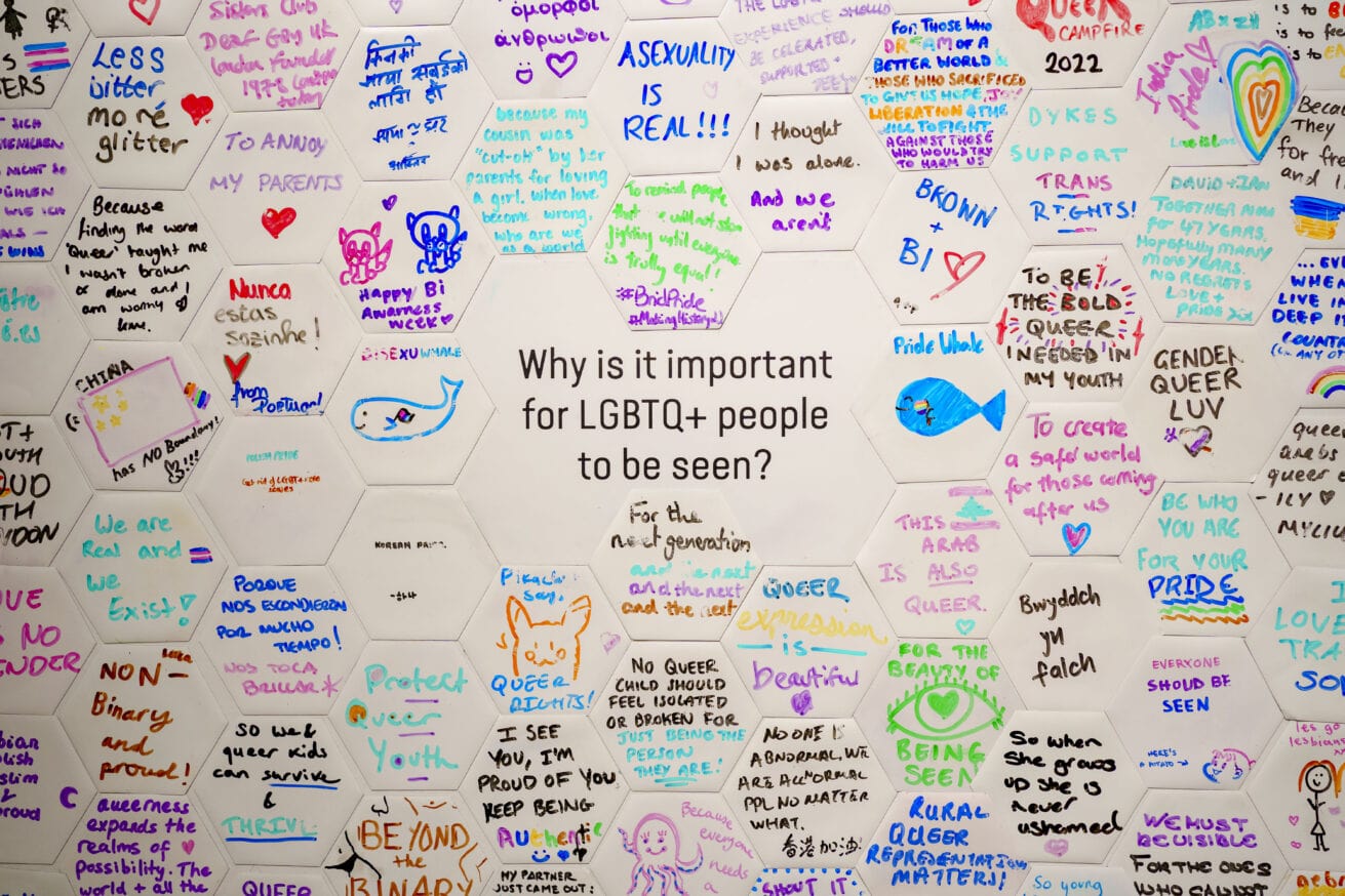 Queer Britain Museum wall with messages in answer to Why is it important for LGBTQ+ people to be seen
