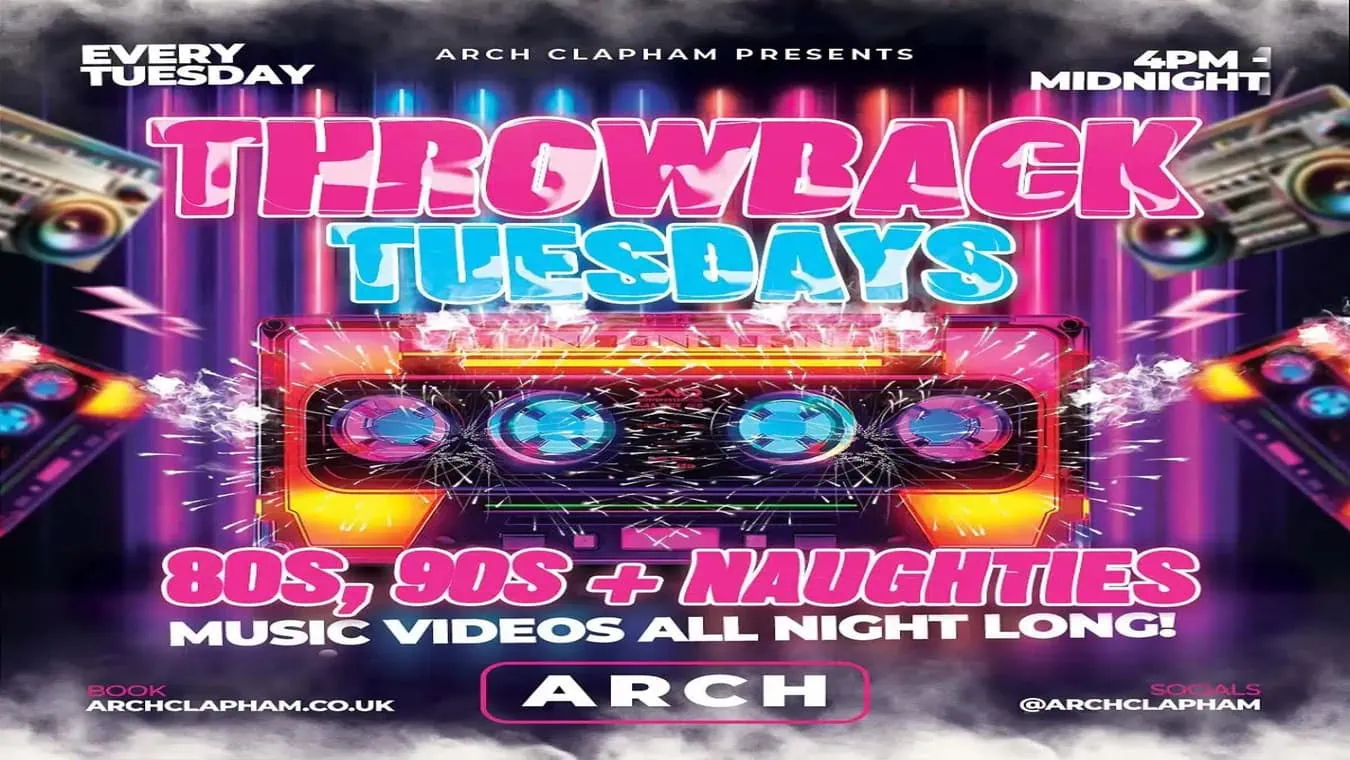 Throwback Tuesdays is a music video night at LGBTQ bar in Clapham, London, called Arch Clapham.