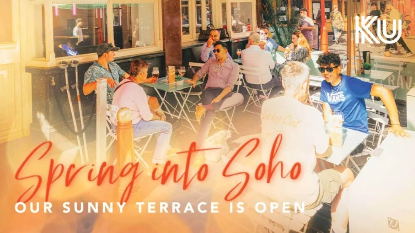 Ku Bar in Leicester Square is an LGBTQ gay bar with a big outside terrace for summer
