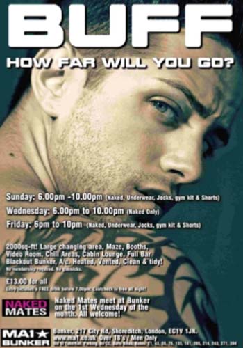 A poster for BUFF at Bunker Bar. The man is topless and look back at the reader. There is lots of text with details of the BUFF night.