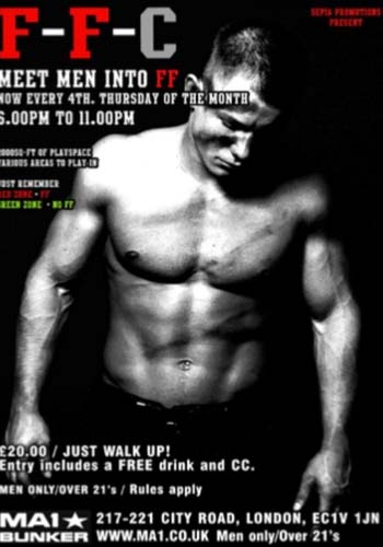 One of bunker Bars club nights called FFC for men who are in to FF. The image shows a buff man with text about the details of the hight. He´s looking down and is topless. 