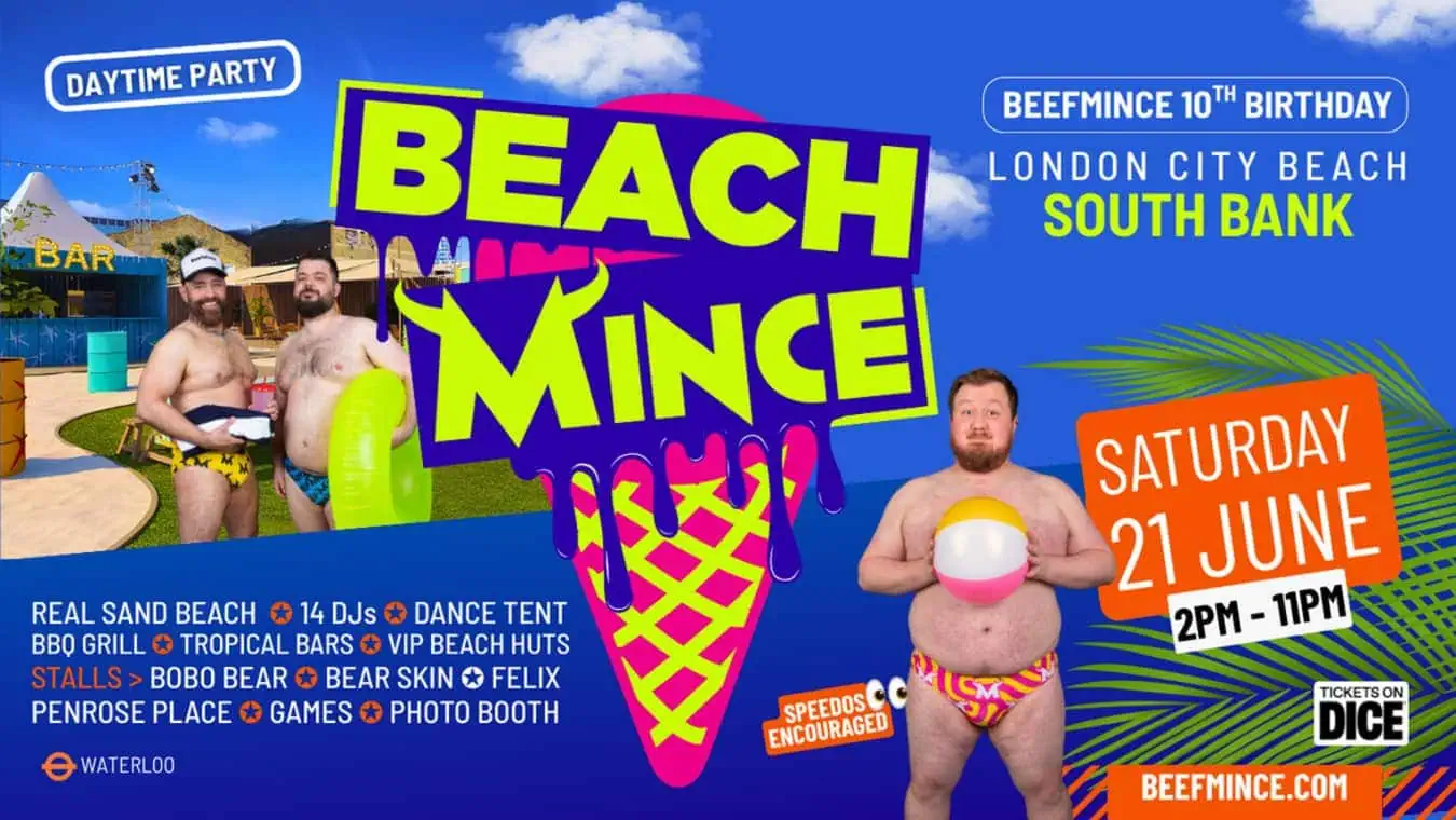 BEACHMINCE gay men's Beach Party in London on the Southbank.