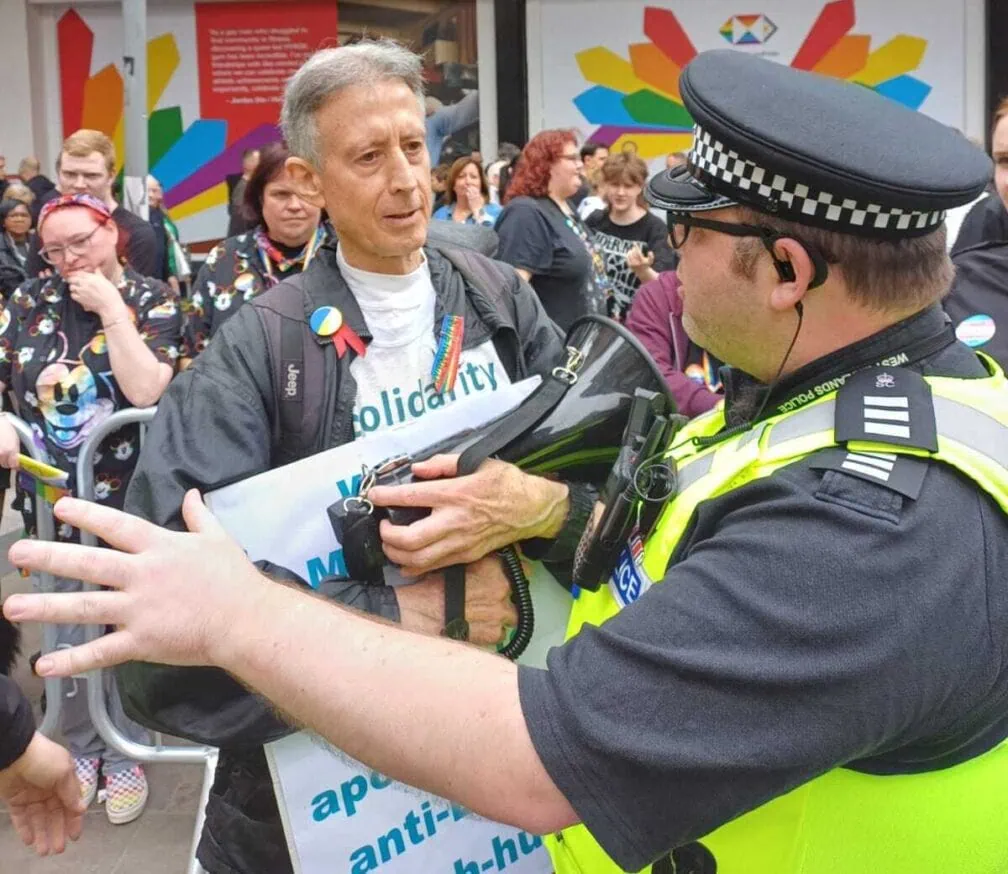 Peter Tatchell being removed by the police from Birmingham Pride March 2025