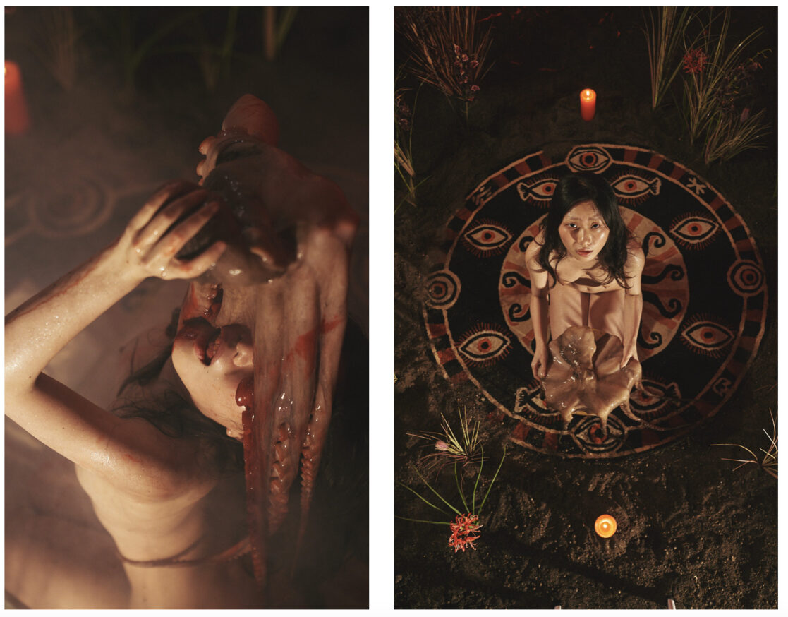Production still of Pisces by Haochen Zuo at "From Performativity to Body Politics: The Metaphorical Myths and Rituals of Artist Scarlett Wang" by Freya Fan
