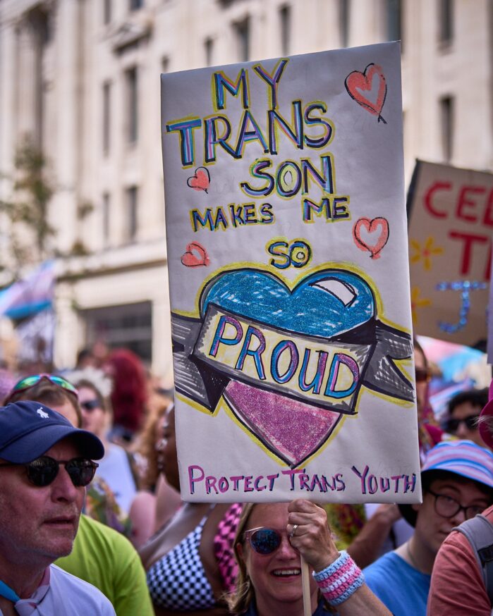 London Trans+ Pride photo with banner my trans son makes me so proud