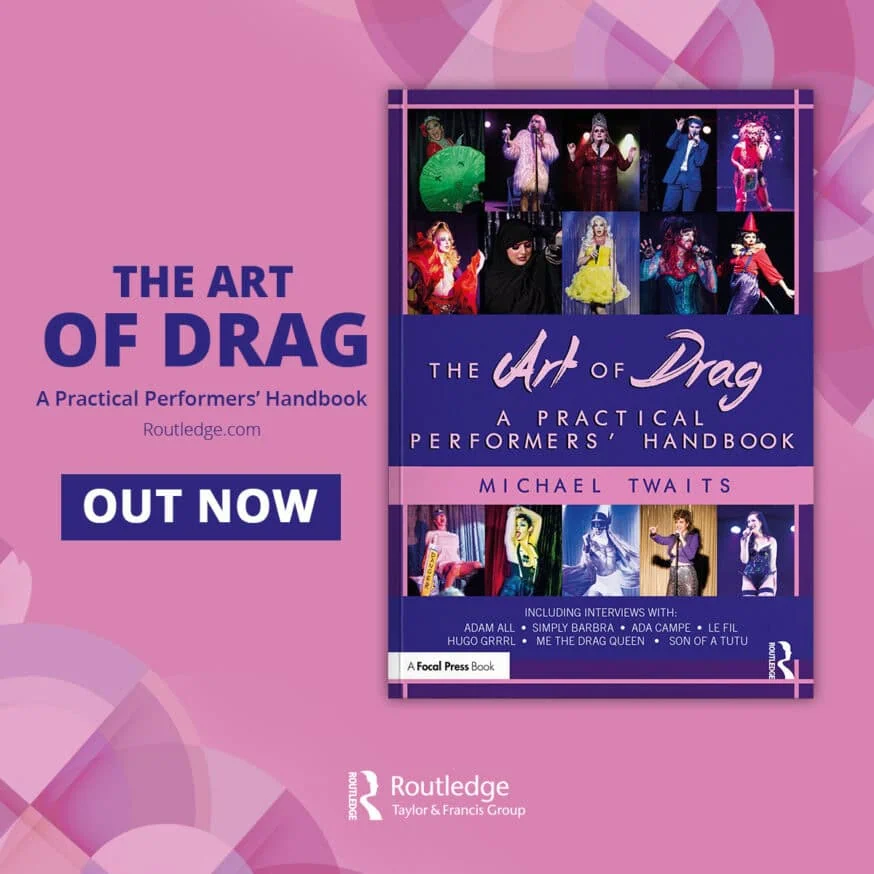 The Art Of Drag A Practical Performers’ Handbook by Michael Twaits. An illustration of the drag book's cover