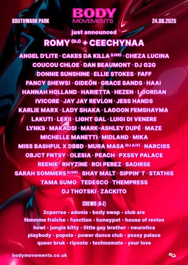 Body Movements: a queer summer music festival at Southwark Park, 23 August 2025. This image shows the dj lineup.