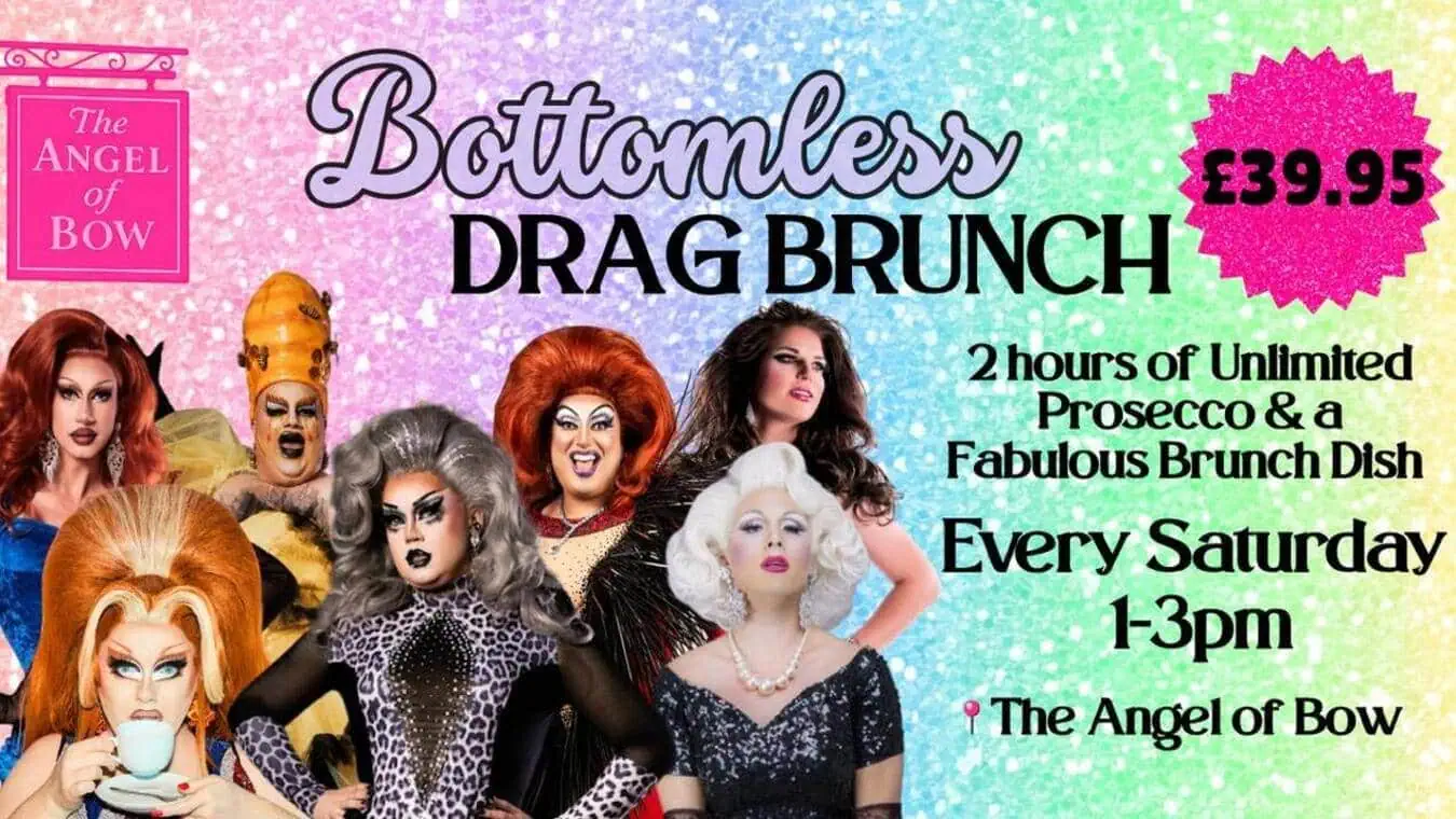 Angel Of Bow bottomless drag brunch every Saturday in the East End of London.