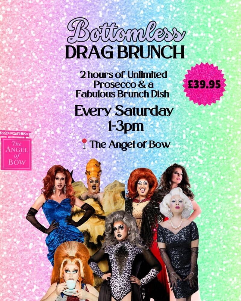 Angel Of Bow bottomless drag brunch every Saturday in the East End of London.