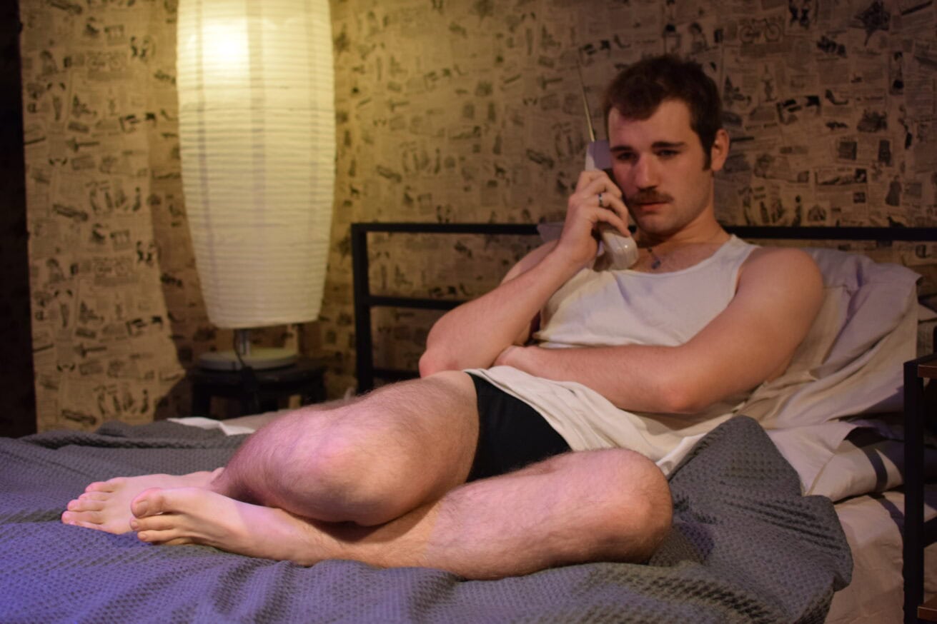 Jerker: Hot Gay Men in Their Undies at Waterloo East. This image is of James Lee on a gay call in his underwear.