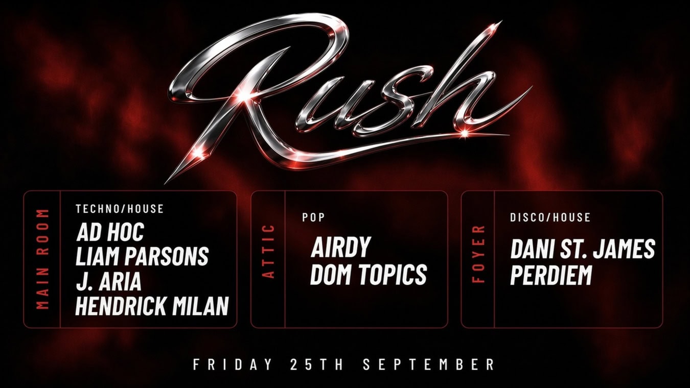 3 rooms with 8 DJs playing Techno/House, Pop, and Disco/House. Rush is one big queer night at London's Scala Club in Kings cross.